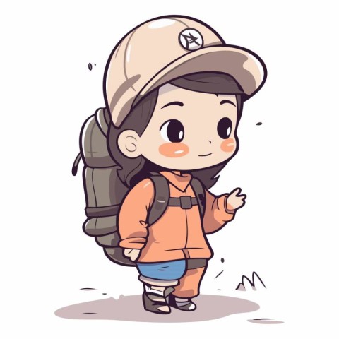 Cute little explorer boy with backpack and hat.