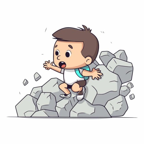 Little boy climbing on the rock. Cartoon style.