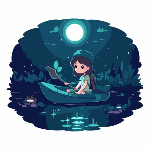 Little girl in a boat on the lake at night.