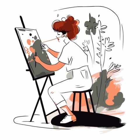 Artist drawing a picture on the easel. Vector hand drawn illustr
