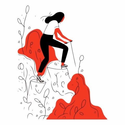 Woman climbing on the mountain in a flat style.