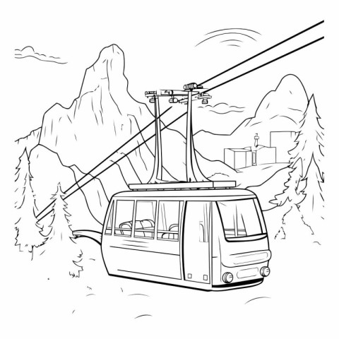 Cable car in the mountains. Hand drawn vector sketch illustratio