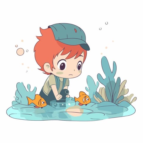 Cute little boy playing with fishes in the water.