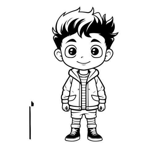 Cute little boy in winter clothes. Black and white vector illust