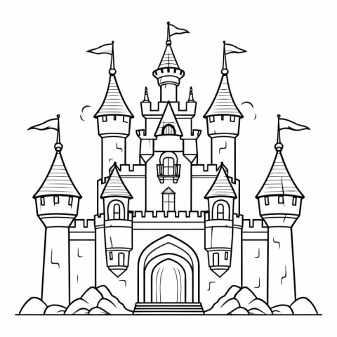 Fairytale castle. Black and white vector illustration for colori