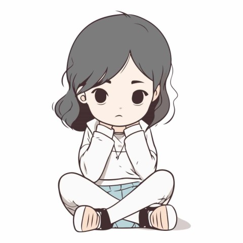 A cute little girl in casual clothes sitting and thinking.