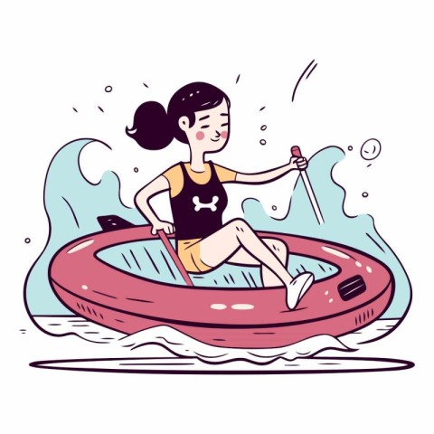 Girl rowing on inflatable boat in cartoon style