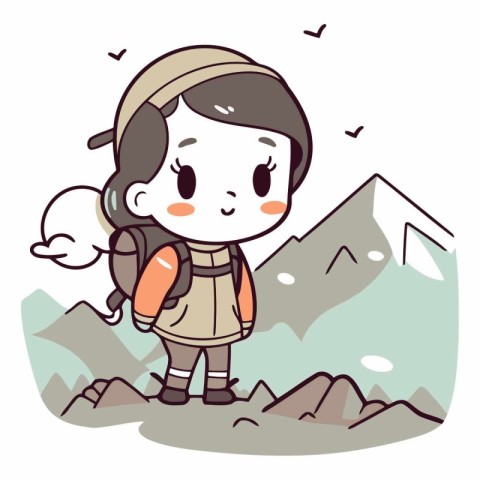 Cute girl hiking in the mountains of a girl with a backpack.