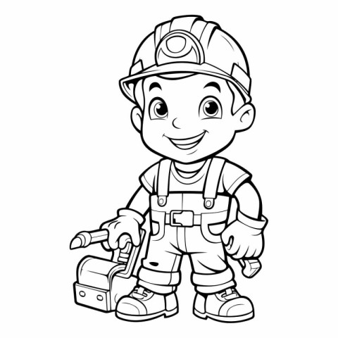 Black and White Cartoon Illustration of Cute Little Fireman Char