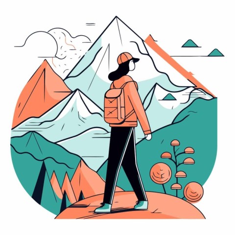 Vector illustration of a young woman with a backpack hiking in t