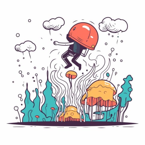 Vector illustration of a man in a helmet jumping over a mushroom