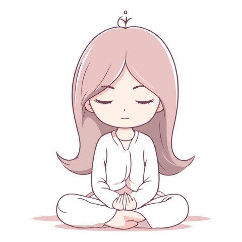 Cute little girl meditating in cartoon style.