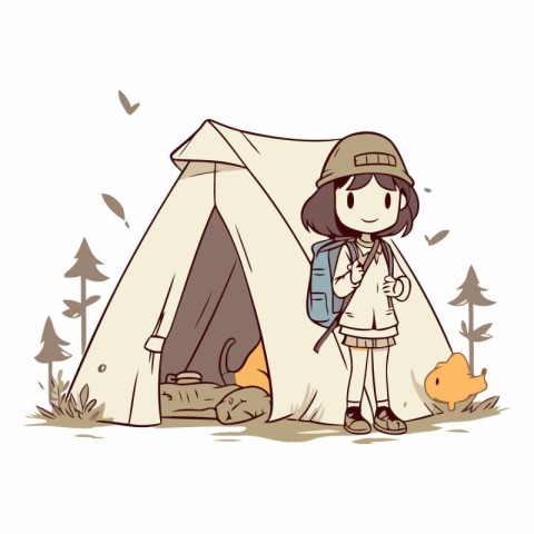 Camping with a girl of a tourist in a tent.