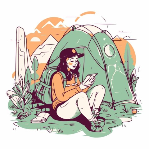 Vector illustration of a woman sitting in front of a tent and re