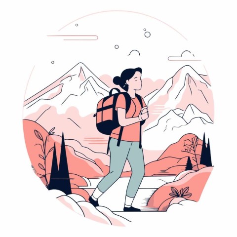 Vector illustration of a woman hiking in the mountains with a ba