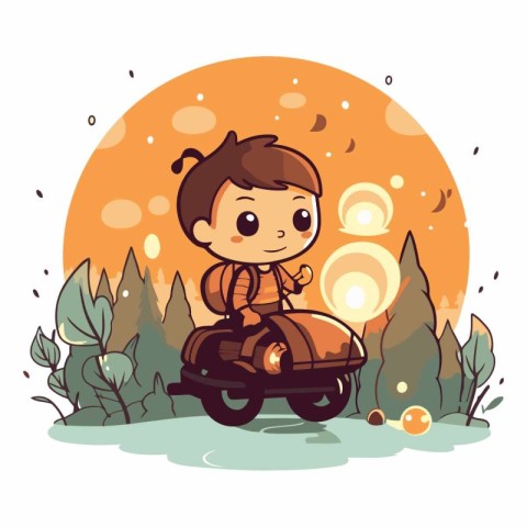 Cute little boy riding a car in the forest.