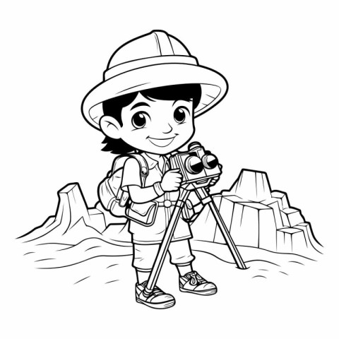 Boy in safari hat and backpack with camera.