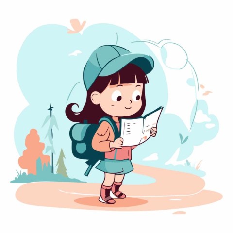 Cute little girl with backpack and map in cartoon style.