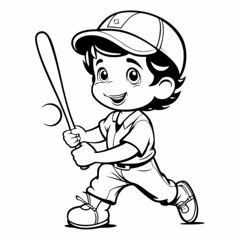 Baseball Player - Black and White Cartoon Illustration. isolated