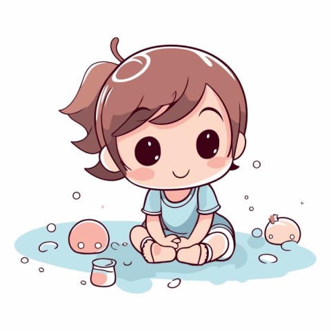 Cute little girl playing in the water with her piggy bank