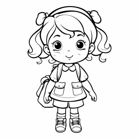 Coloring Page Outline Of a Little Schoolgirl Vector Illustration