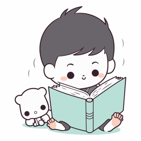 Boy reading a book with his teddy bear.