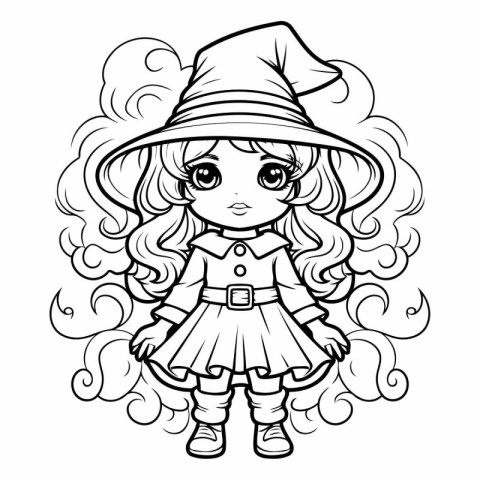 Black and White Cartoon Illustration of Cute Little Witch Girl f