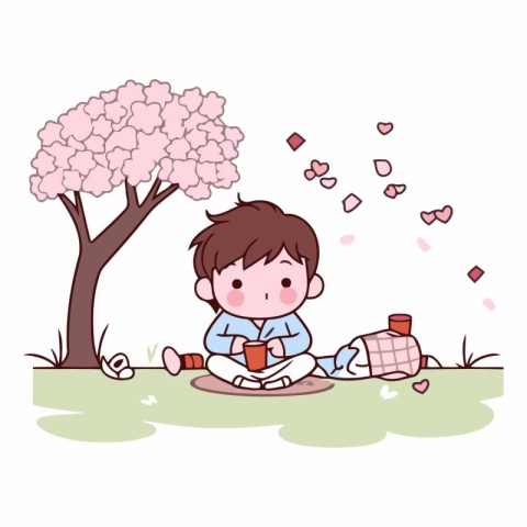 Cute little boy sitting under a tree and drinking tea.