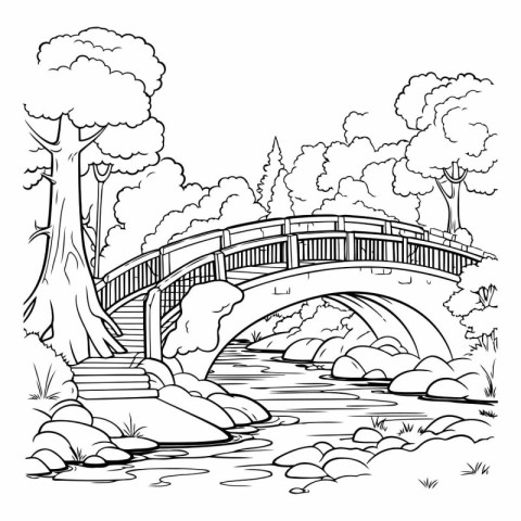 Bridge in the park. Black and white vector illustration for colo