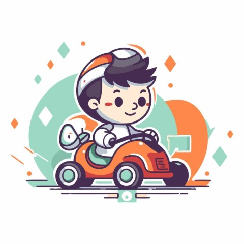 Cute boy driving a toy car in flat style.