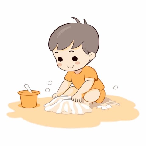 Little boy playing with sand on the beach. Vector cartoon illust