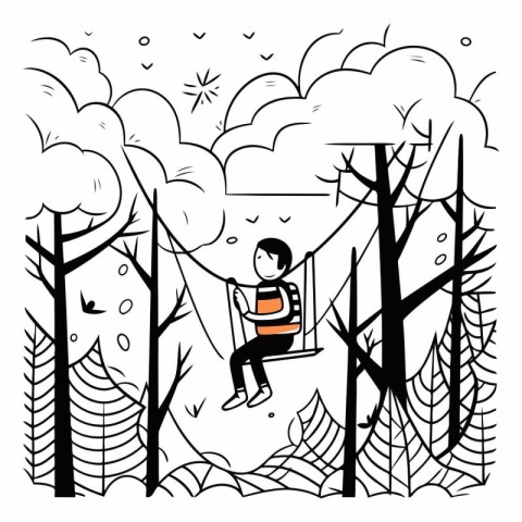 Vector illustration of a boy climbing on a rope in the forest.