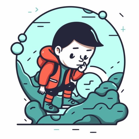 Cute boy explorer in the sea. flat style.