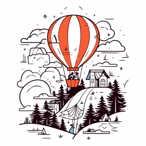 Hot air balloon in the sky over the forest.