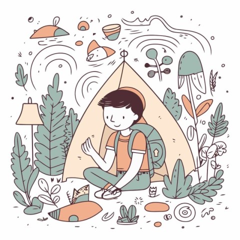 Vector illustration of a boy sitting in a tent in the forest.