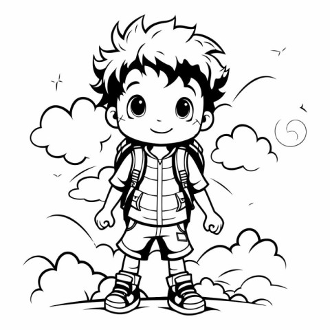 Outline illustration of a boy hiking in the clouds - Coloring bo