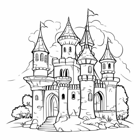 Cartoon castle. Black and white vector illustration for coloring