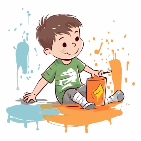 Cute little boy painting a wall with paint.