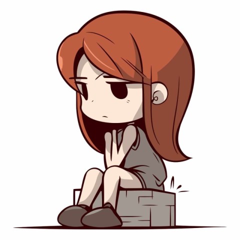 Sad young woman sitting on the brick wall. Vector cartoon illust