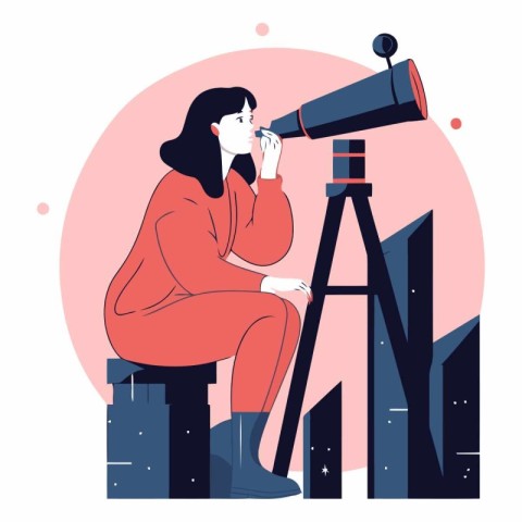 Young woman looking through a telescope in flat style.