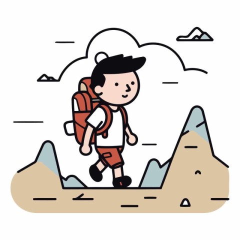 cute boy with backpack hiking in mountain vector illustration ep