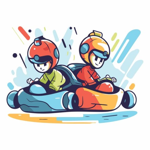 Vector illustration of two men driving a kart. Cartoon style.