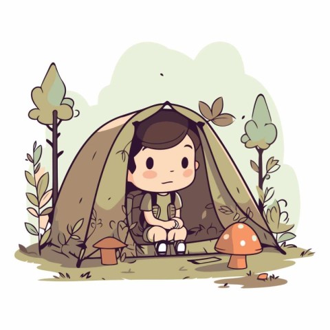 Cute little boy sitting in a tent in the forest