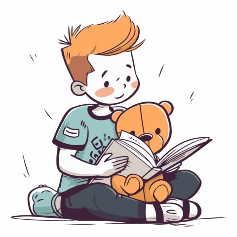 Illustration of a boy reading a book with a teddy bear