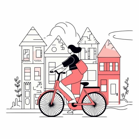 Young woman riding a bicycle in the city in thin line style.