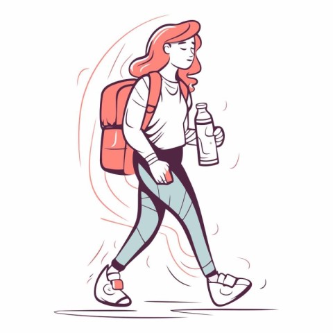 Young woman with a backpack and a bottle of water.