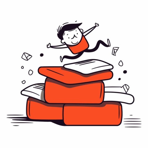 Boy jumping on stack of pillows in cartoon style.