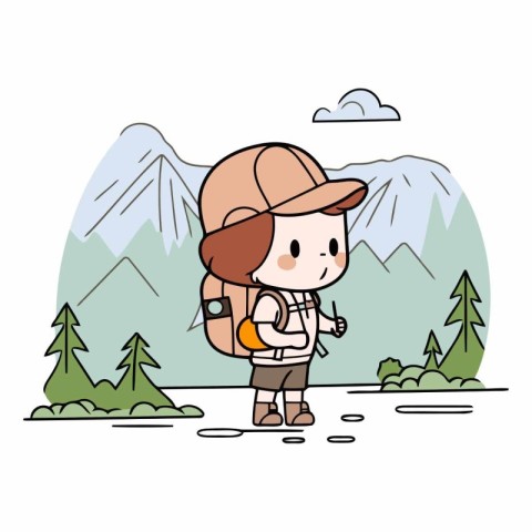 cute little boy hiker with backpack in the mountains vector illu