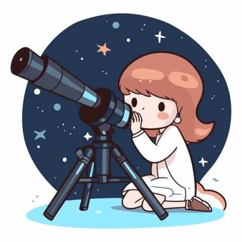 Cute little girl with telescope in the night sky.