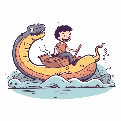 Cartoon vector illustration of a man riding a dragon boat on the